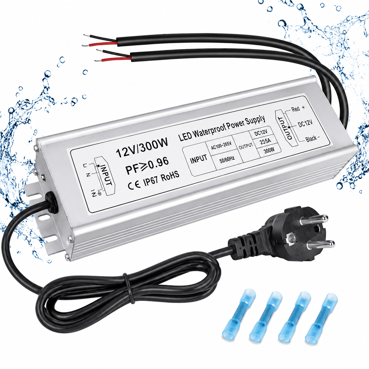 12V Waterproof LED Power Supply 300W, 90–265V Input, Single/Dual/Triple Wire Output, Aluminum Housing, Outdoor LED Driver, CE/RoHS/FCC —US/UK/EU Plug & Wire Leads Options