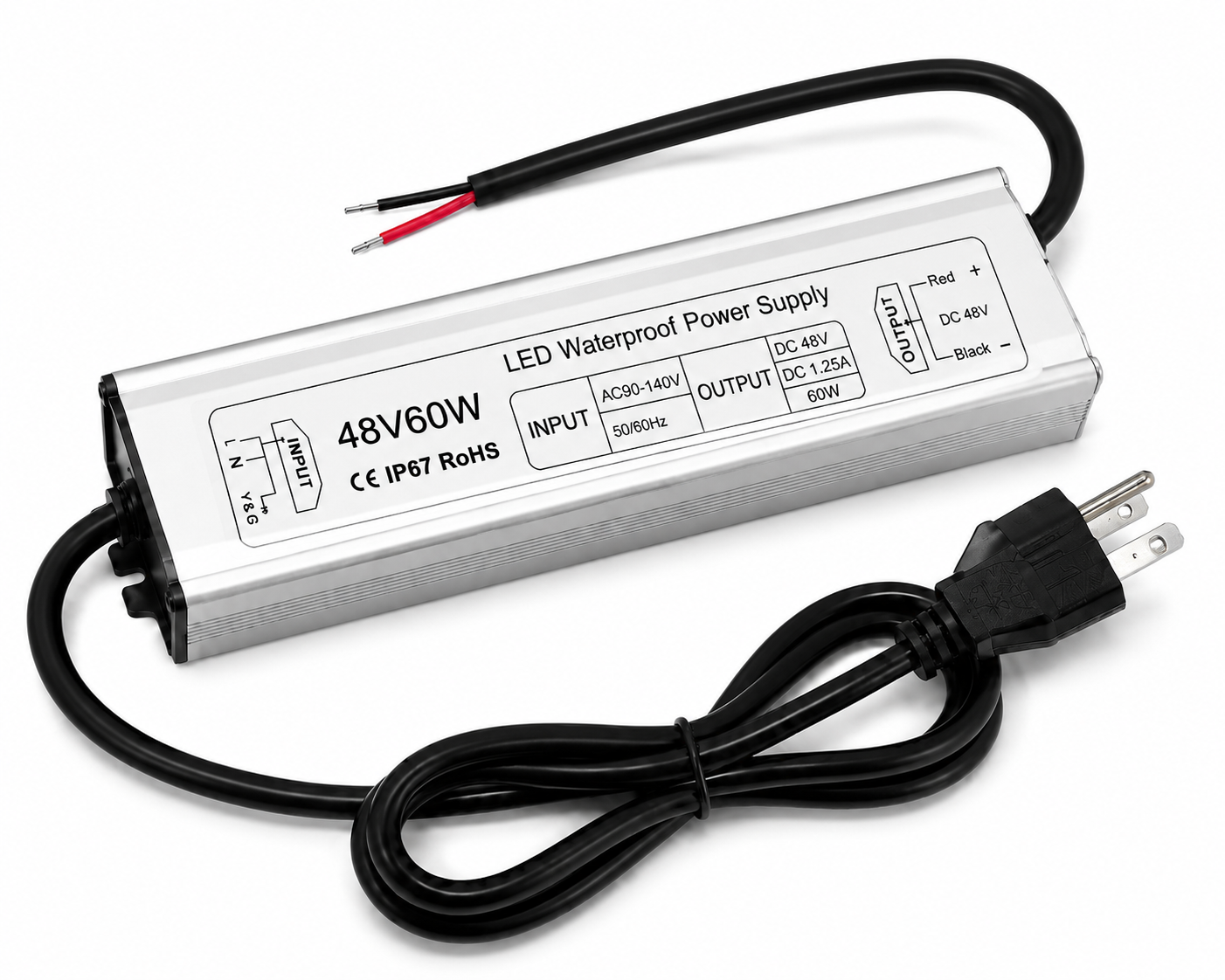 Alimentation LED étanche 48 V 60 W–80 W, entrée 90–265 V CA, transformateur de sortie simple, alimentation à découpage IP67, CE/RoHS/FCC — Options de fiches et de câbles US/UK/EU