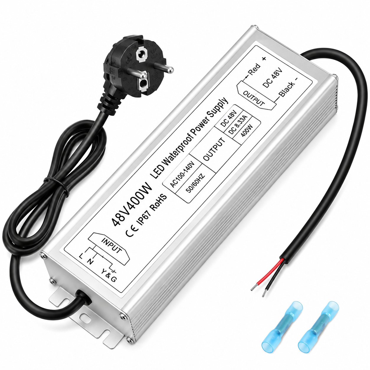 48V LED Power Supply, 175–265V Input, 100W–400W, Constant Voltage Transformer, Aluminum Housing, IP67 Waterproof SMPS, CE/RoHS/FCC — UK/EU Plug & Wire Leads Options