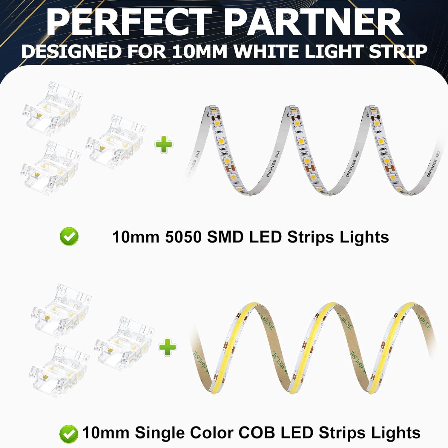 Connecteurs pour bande LED en cristal transparent – Clips sans soudure 10 mm 2 broches | Adaptateur bande à fil / bande à bande / CC – Vente en gros, 500 pièces, MOQ | Direct usine