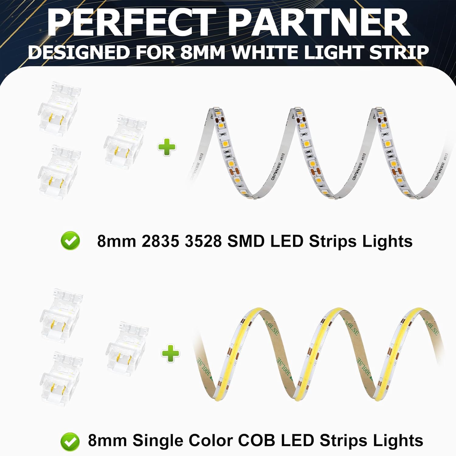 Connecteurs pour bandes LED transparentes en cristal – Clips sans soudure 8 mm 2 broches | Adaptateur bande à fil / bande à bande / CC / L – Stock local États-Unis/Royaume-Uni