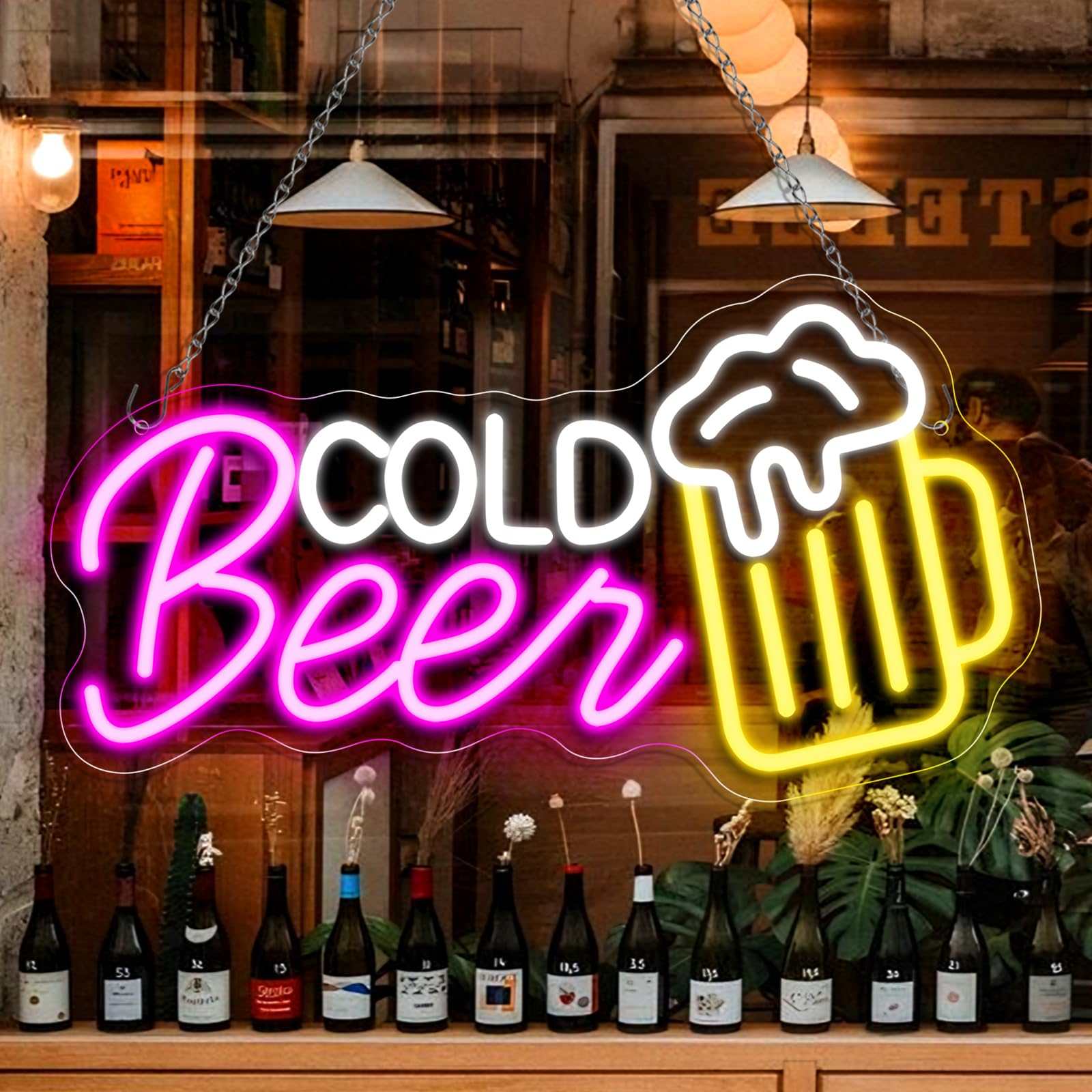 Panneau LED « Bière froide » – 41,9 cm x 22,3 cm | Éclat multicolore | Alimentation USB | Suspension | Idéal pour bar, pub, salon, discothèque et éclairage d'ambiance de fête