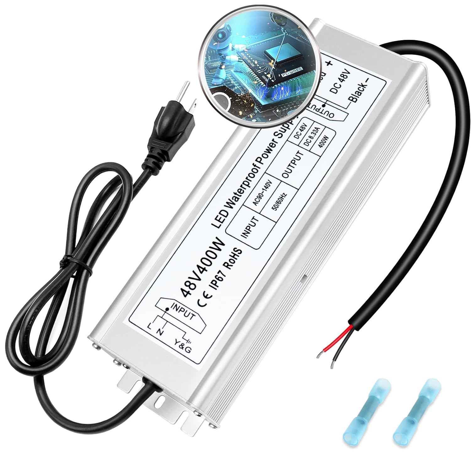 48V Waterproof LED Power Supply 60W–80W, 90–265V AC Input, Single Output Transformer, IP67 SMPS, CE/RoHS/FCC — US/UK/EU Plug & Wire Leads Options
