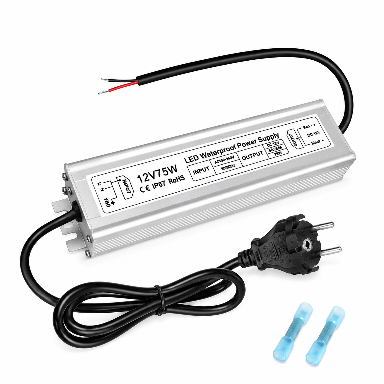 12V Waterproof LED Power Supply 30W–280W, 90–265V Input, Single/Dual Wire Output, Aluminum Housing, Outdoor LED Driver, CE/RoHS/FCC —US/UK/EU Plug & Wire Leads Options