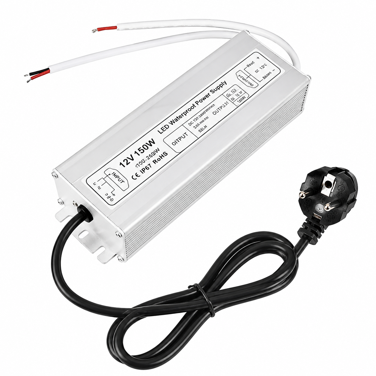 12V Waterproof LED Power Supply 30W–280W, 90–265V Input, Single/Dual Wire Output, Aluminum Housing, Outdoor LED Driver, CE/RoHS/FCC —US/UK/EU Plug & Wire Leads Options