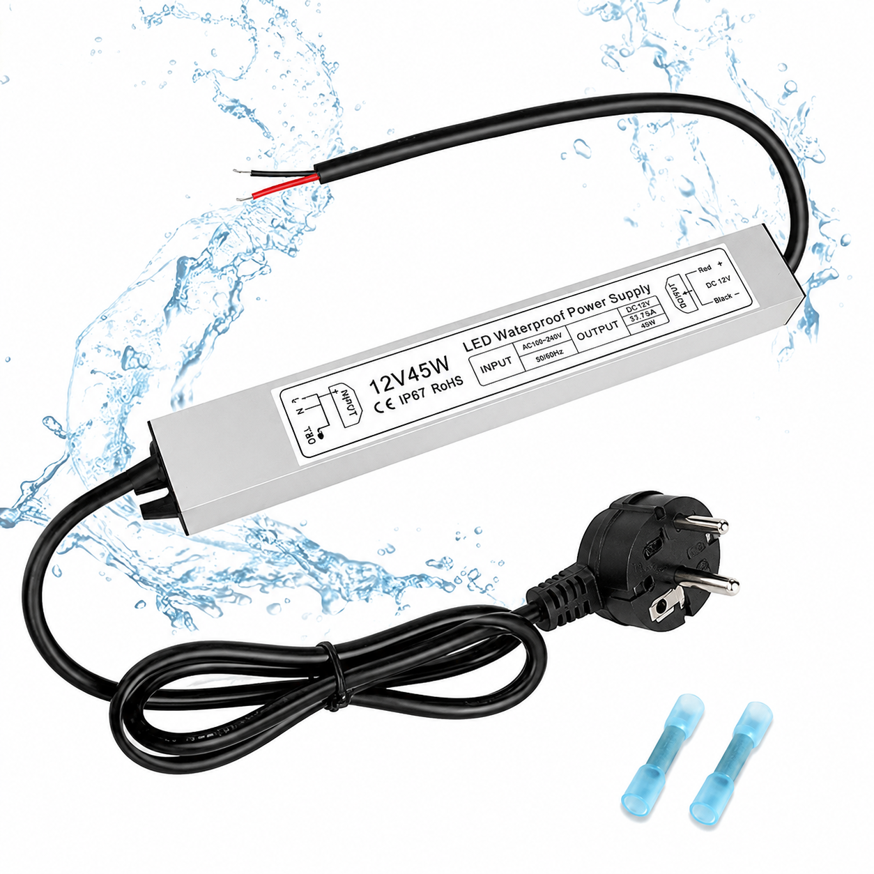 12V Waterproof LED Power Supply 30W–280W, 90–265V Input, Single/Dual Wire Output, Aluminum Housing, Outdoor LED Driver, CE/RoHS/FCC —US/UK/EU Plug & Wire Leads Options