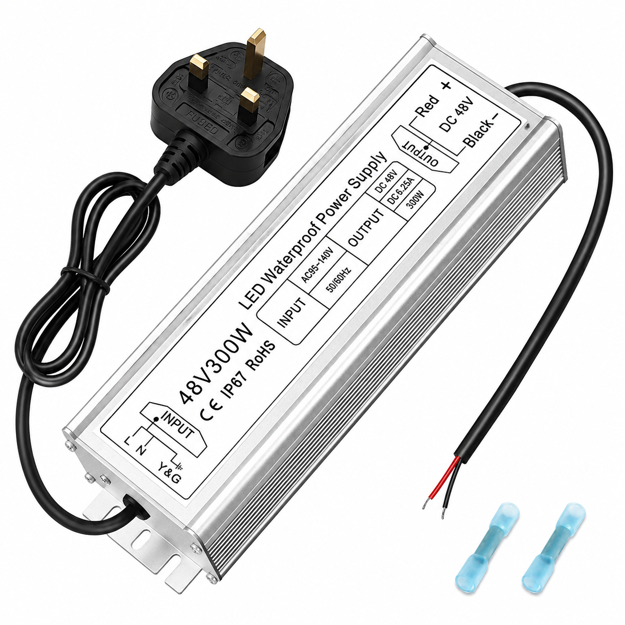48V LED Power Supply, 175–265V Input, 100W–400W, Constant Voltage Transformer, Aluminum Housing, IP67 Waterproof SMPS, CE/RoHS/FCC — UK/EU Plug & Wire Leads Options
