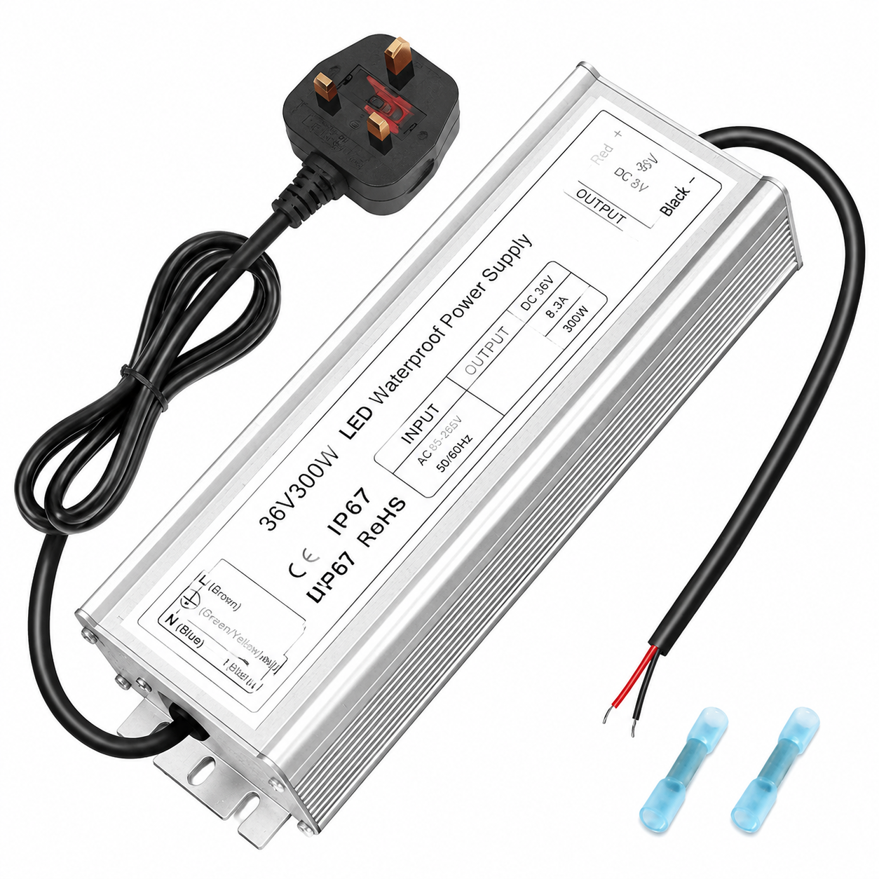 Pilote LED 36 V, entrée 175–265 V, 100–400 W, sortie unique, alimentation à découpage étanche IP67, CE/RoHS/FCC — Options de fiches et de câbles UK/EU