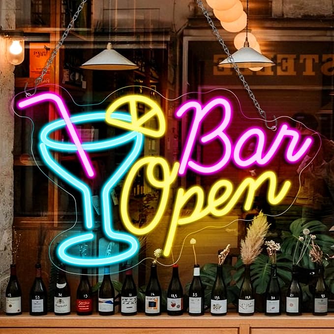BAR OPEN Silicone LED Shop Sign – 16.5×10.6 Inch | 5V USB Powered Dimmable LED Window Hanging Sign | Blue + Pink + Yellow Glow with Cocktail Glass Design | Accessories Included for Bars, Cafes, Restaurants & Commercial Spaces