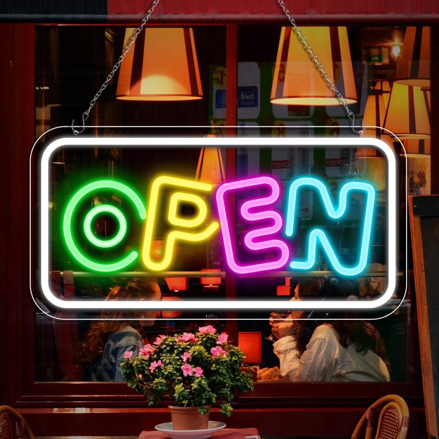 OPEN Neon Sign – USB Powered | 17×9 inch (43×22 cm) | Horizontal or Vertical Style | Multicolor LED Light for Storefront & Business Decor