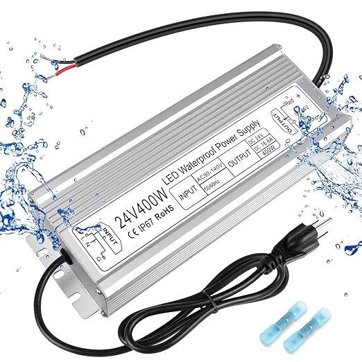 24V Waterproof LED Transformer, 90–140V Input, 200W–500W, Single/Dual Wire Output, CE/RoHS/FCC — US Plug & Wire Leads, Aluminum Housing, Outdoor Lighting Adapter