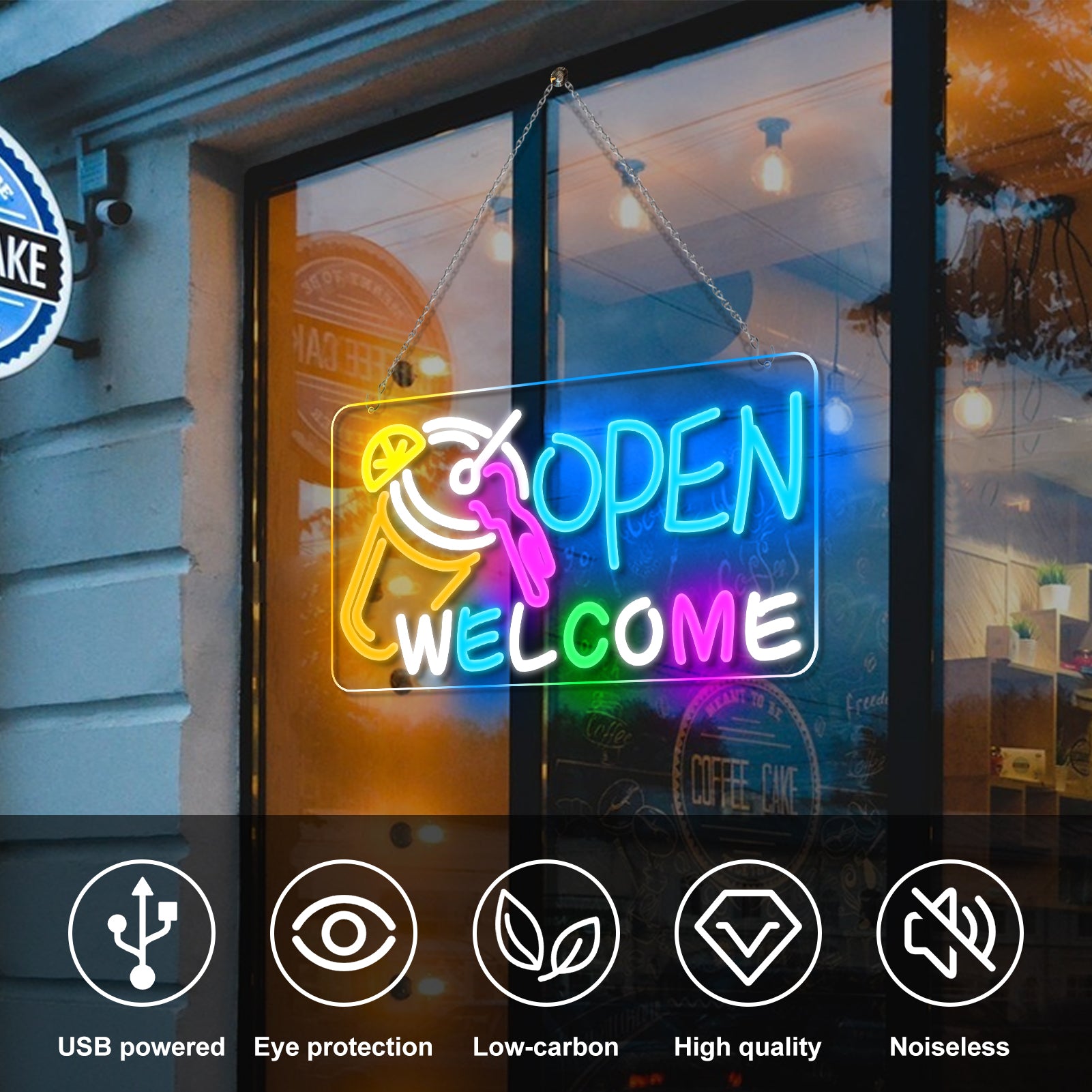 OPEN WELCOME Neon Sign – USB Powered | 16×9 inch (41×23 cm) | Multicolor Glow | LED Window Light with Cocktail Design for Bar, Café, Storefront