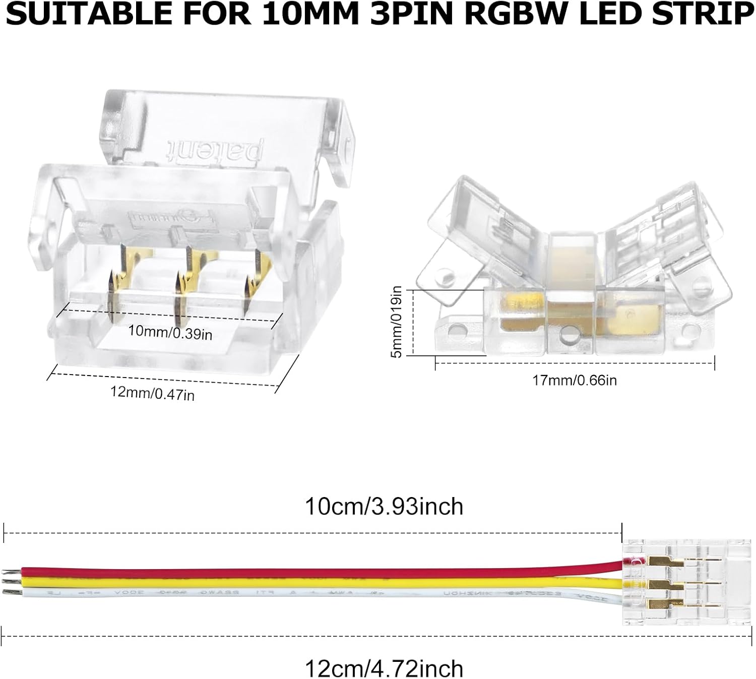 Connecteurs pour bandes LED transparentes en cristal – Clips sans soudure 10 mm 3 broches | Adaptateur bande à fil / bande à bande / CC – Stock local États-Unis/Royaume-Uni