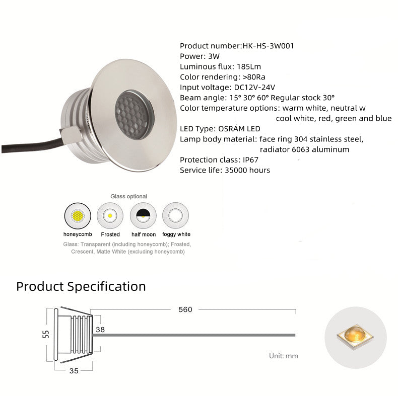 Lot de 6 spots encastrés extérieurs en acier inoxydable, 3 W, 12 V-24 V CC, IP67, antireflet, montable, à intensité variable, en nid d'abeille