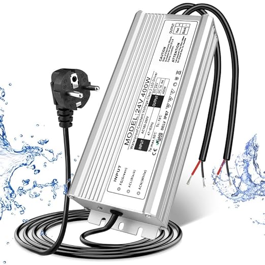 Wasserdichter 24-V-LED-Treiber, 175–265 V Eingang, 200–500 W, Einzel-/Doppelkabelausgang, Netzteil für den Außenbereich, CE/RoHS/FCC – UK/EU-Stecker und Kabeloptionen