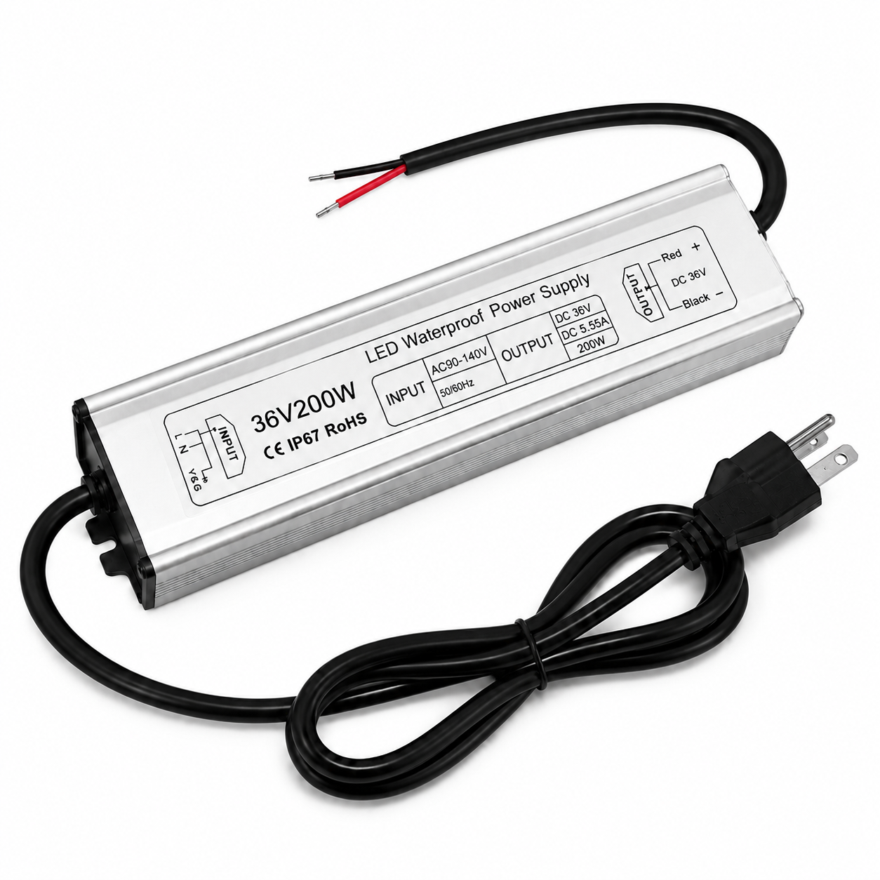 36-V-LED-Netzteil (Konstantspannung), 90–140 V Eingang, 100–400 W, Einzelausgang, IP67 wasserdicht, CE/RoHS/FCC – US-Stecker und Kabeloptionen