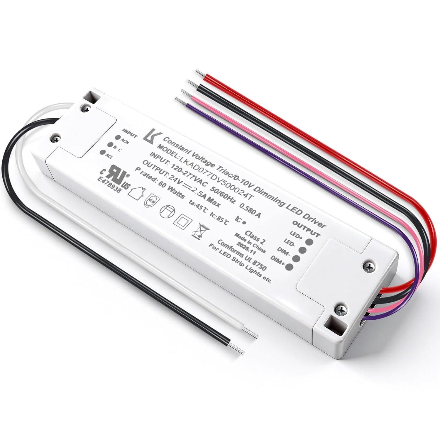 24V DC Plastic Case 5-in-1 Dimmable LED Power Supply, 60W, UL Listed, AC 120–277V Input, Waterproof Driver for Traic/ELV/0-10V/PWM/Resistive Control, 1/10-Pack