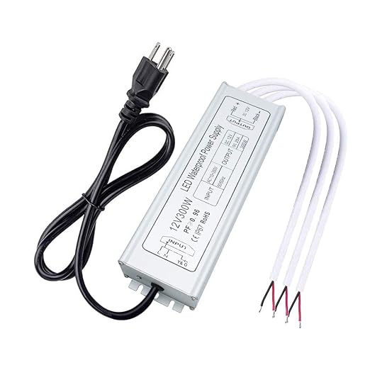 12V Waterproof LED Power Supply 300W, 90–265V Input, Single/Dual/Triple Wire Output, Aluminum Housing, Outdoor LED Driver, CE/RoHS/FCC —US/UK/EU Plug & Wire Leads Options