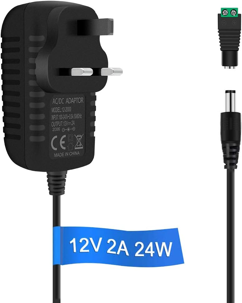12-V-Netzteiladapter 12 W/24 W, AC 100–240 V Eingang, Wandstecker-Transformator, schwarzes Gehäuse – US/UK-Stecker, LED-Treiber für Streifen/CCTV/Elektronik