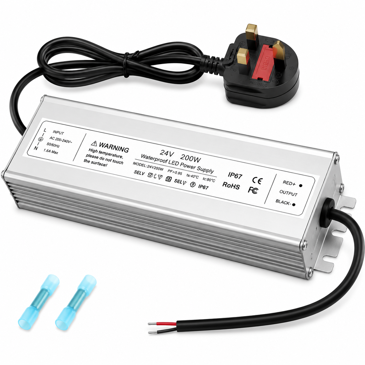Wasserdichter 24-V-LED-Treiber, 175–265 V Eingang, 200–500 W, Einzel-/Doppelkabelausgang, Netzteil für den Außenbereich, CE/RoHS/FCC – UK/EU-Stecker und Kabeloptionen