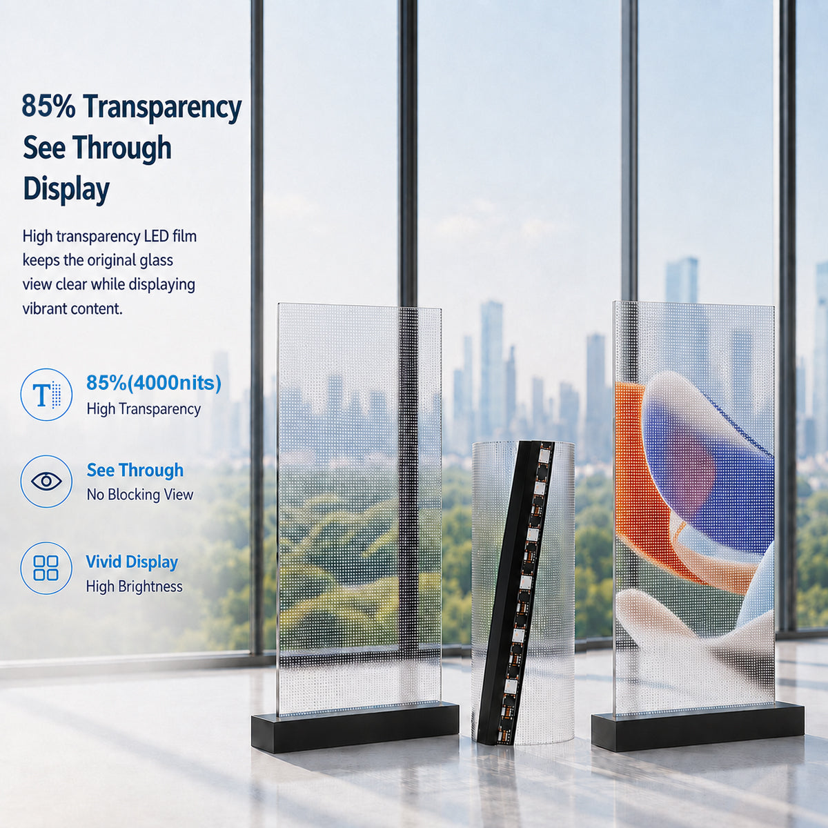 P6.25 Hochtransparente selbstklebende LED-Folie – 400 × 1000 mm (15,75 × 39,37 Zoll) | 2000/4000 Nits | 90 % Transparenz Glasaufkleber-Display für Schaufenster und Glasinnenwände | Mehrere Kit-Optionen | Plug & Play