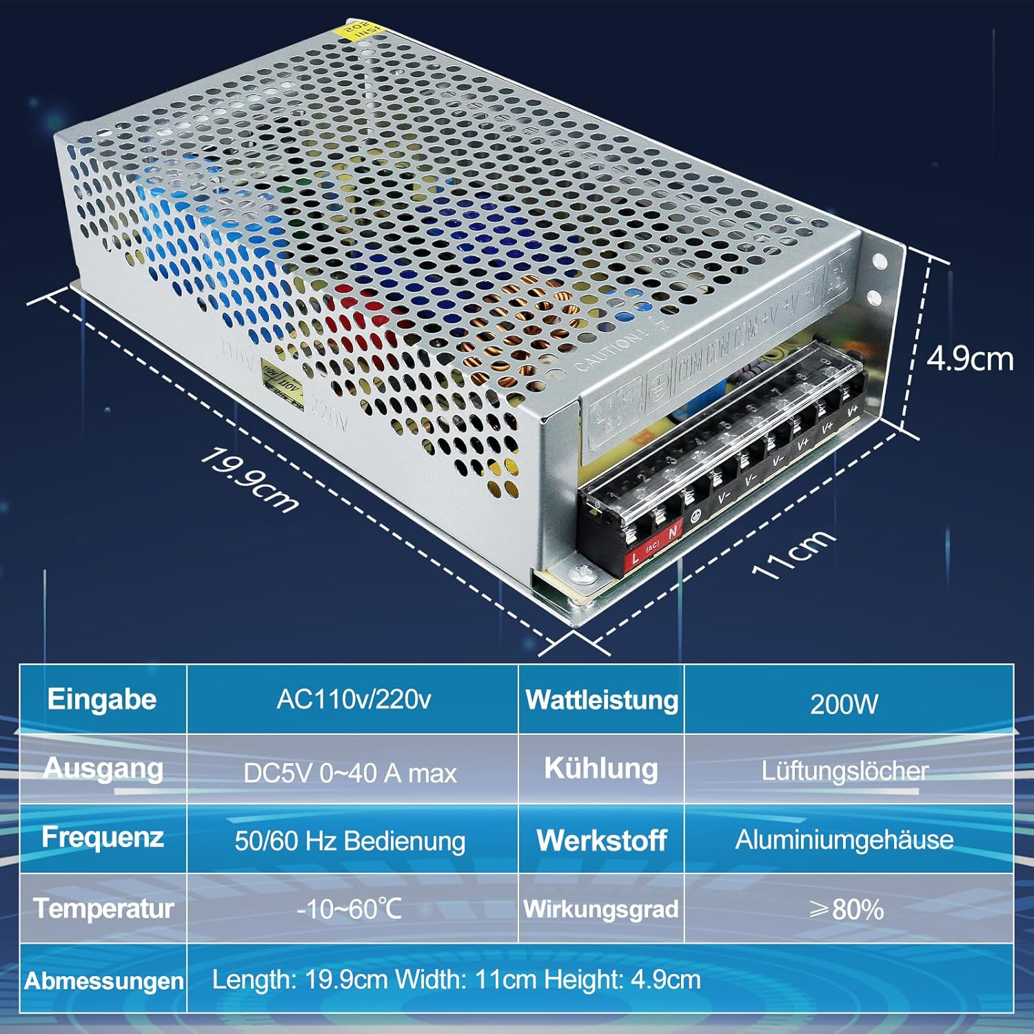 Alimentation à découpage CC 5 V 10 W–300 W, entrée CA 110/220 V, transformateur pour bande LED, boîtier métallique industriel avec bornes, certifié CE/FCC/RoHS (300 W avec ventilateur)