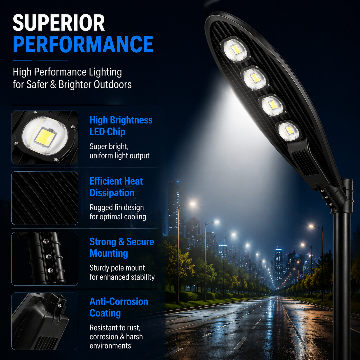 200W LED Street Light Outdoor Road Lamp with 4 High Brightness LED Modules, IP65 Waterproof Die-Cast Aluminum Housing, Energy Saving Parking Lot & Highway Lighting Fixture