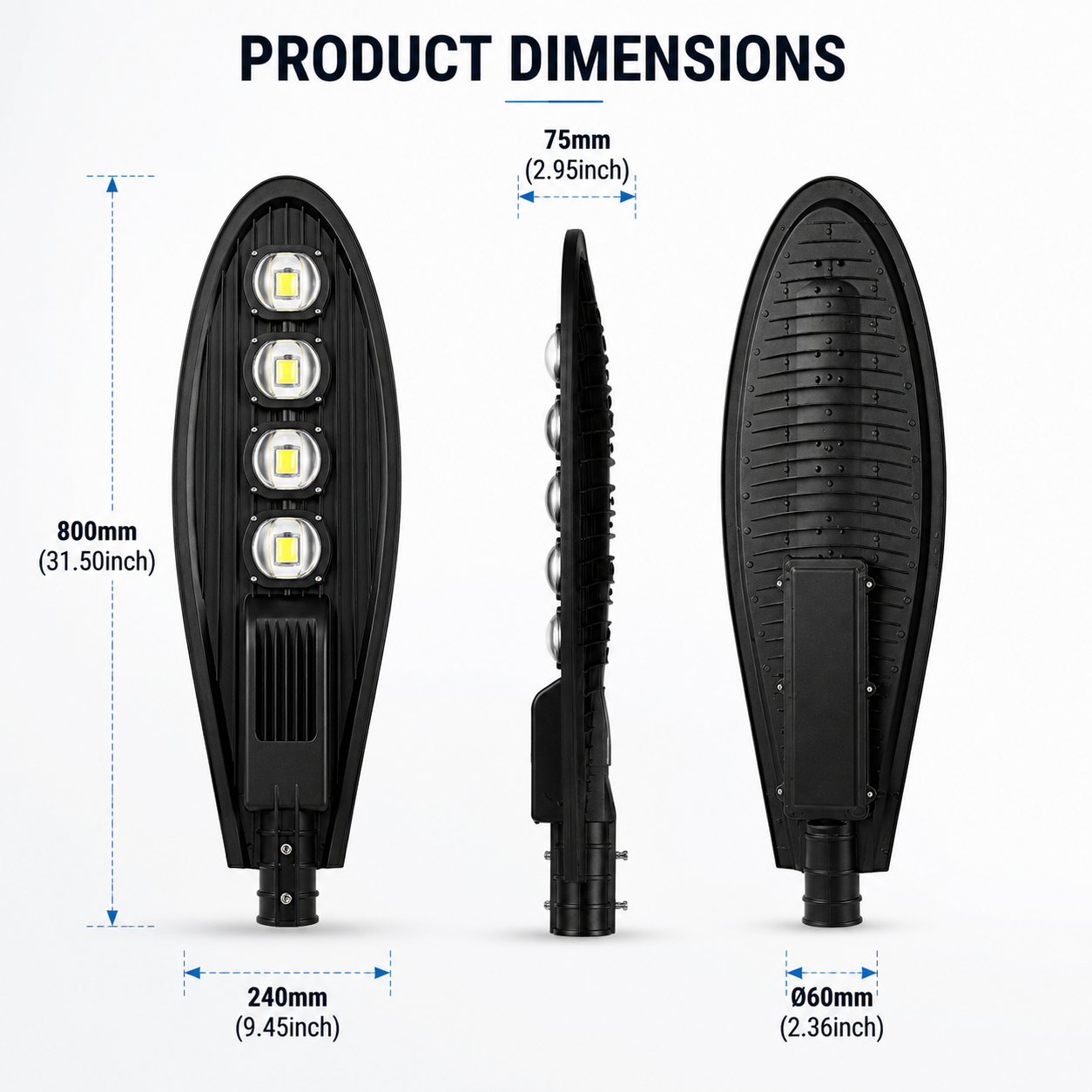 200W LED Street Light Outdoor Road Lamp with 4 High Brightness LED Modules, IP65 Waterproof Die-Cast Aluminum Housing, Energy Saving Parking Lot & Highway Lighting Fixture