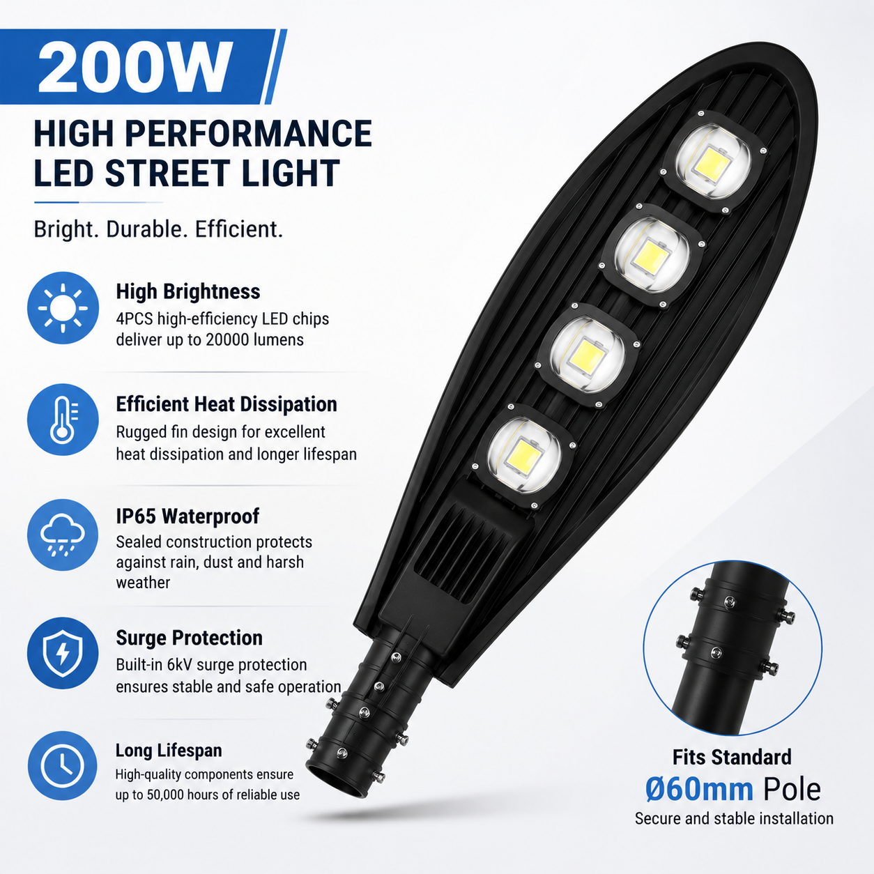 200W LED Street Light Outdoor Road Lamp with 4 High Brightness LED Modules, IP65 Waterproof Die-Cast Aluminum Housing, Energy Saving Parking Lot & Highway Lighting Fixture