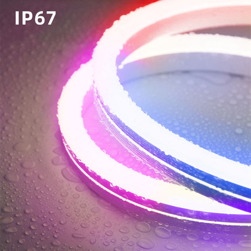 RGB Addressable Neon LED Strip Light | WS2812 SMD5050 60LEDs/M | 16×16mm Flexible Silicone Neon Rope | IP67 Waterproof | Top-Bend & Side-Bend Options | 5M Roll Kit with Power Adapter & Controller