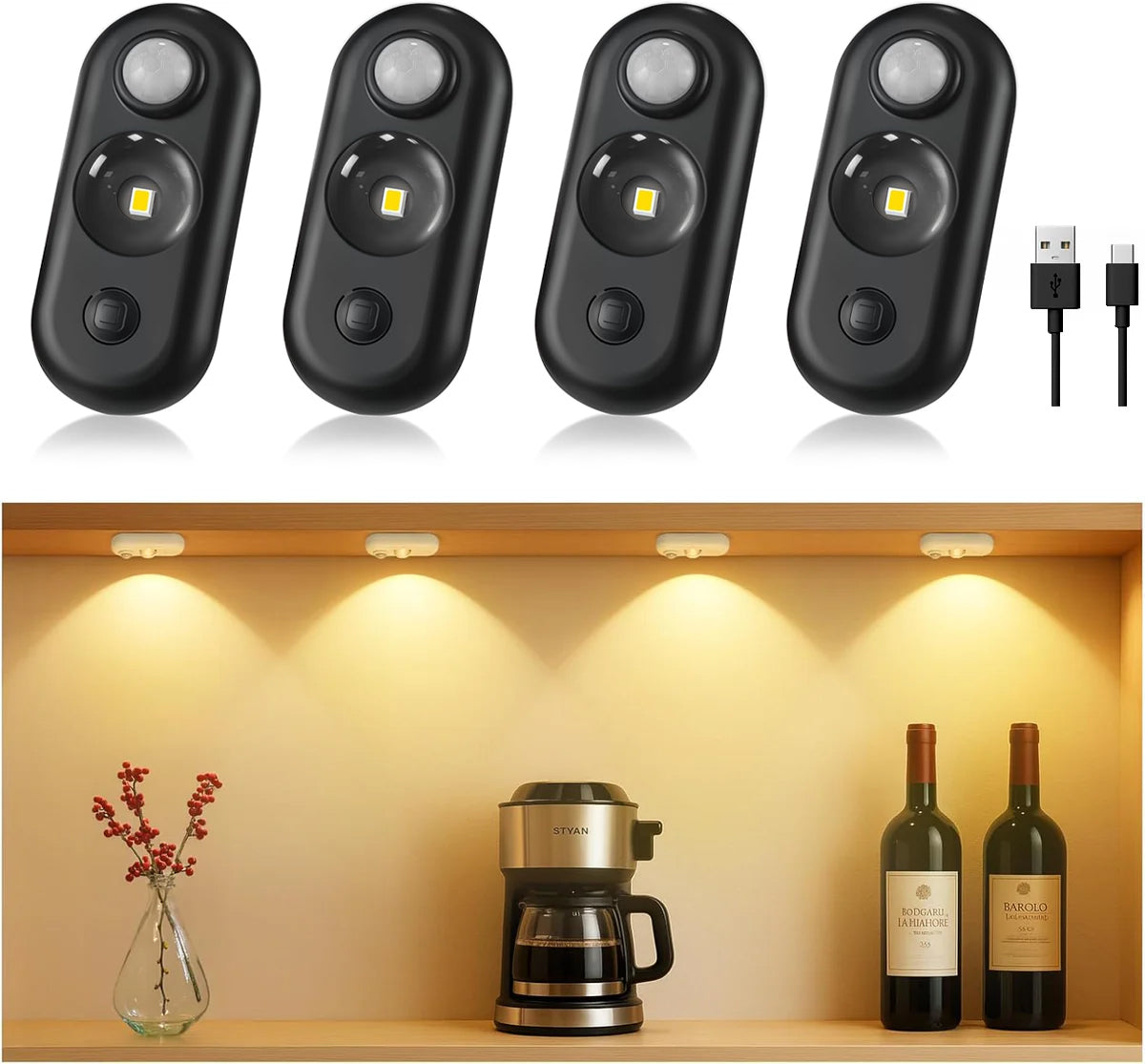 4/6 Pack Rechargeable Oval LED Closet Light | Motion Sensor, Tap Switch, Dimmable | Warm / Daylight White | Black / White Finish | Magnetic Mounting for Closets & Cabinets