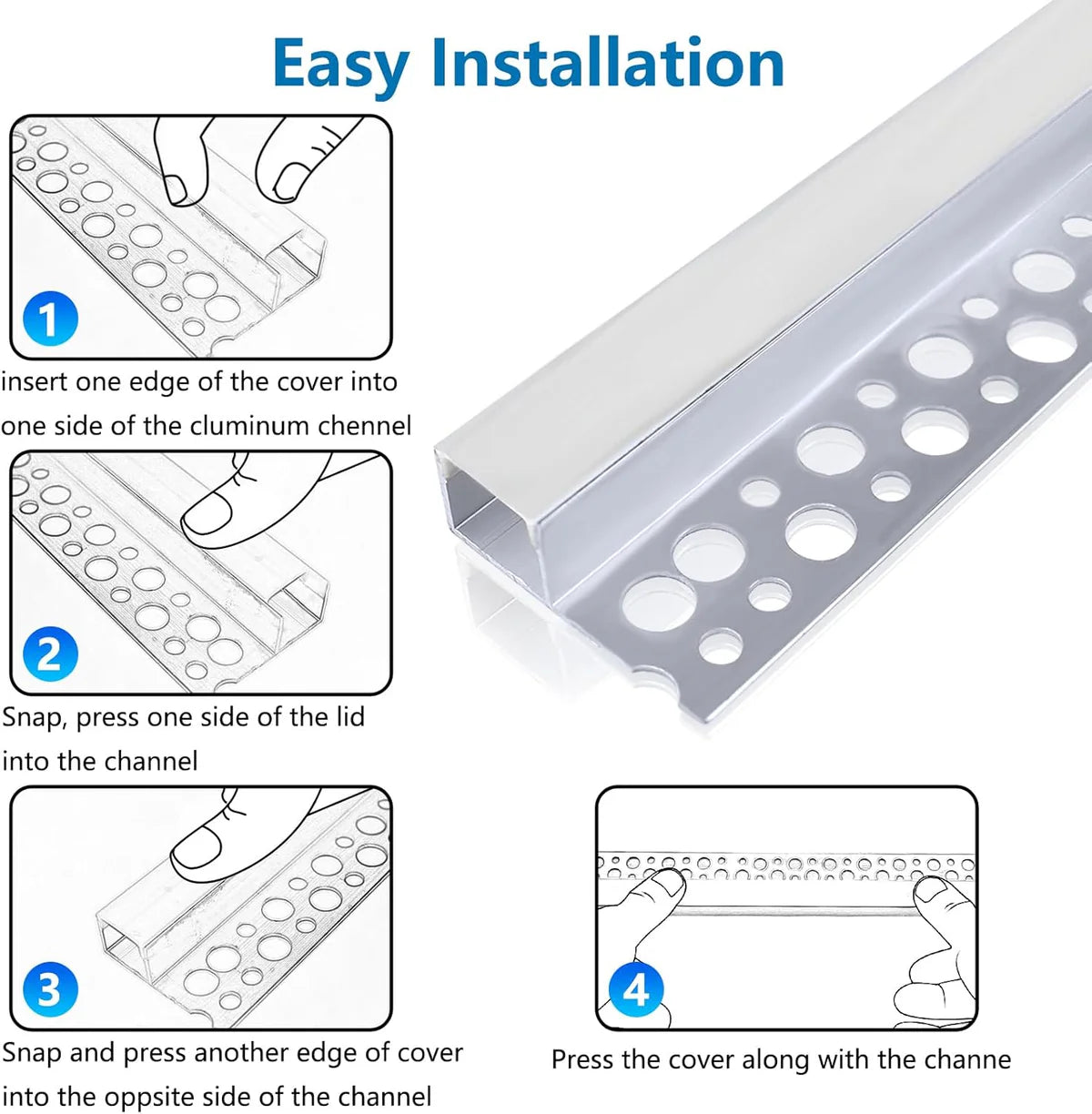 Profilés LED en aluminium pour cloison sèche, à encastrer sur une face – Compatibles avec des bandes LED de 1 à 12 mm | Argent | Revêtement blanc laiteux | 1/2/3 mètres | Argent | Revêtement blanc laiteux | Lot de 50/100