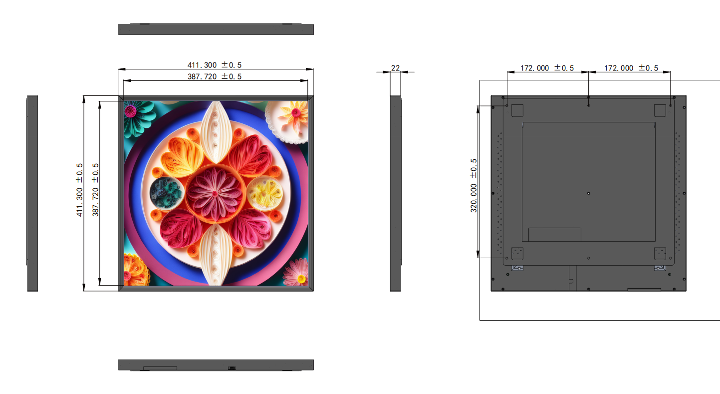 SL Series 22 Inch (387.7×387.7mm Viewable) 22mm Ultra Slim Square LCD Display Screen, No Touch, Content Upload via Dadonlion Platform / USB Disk