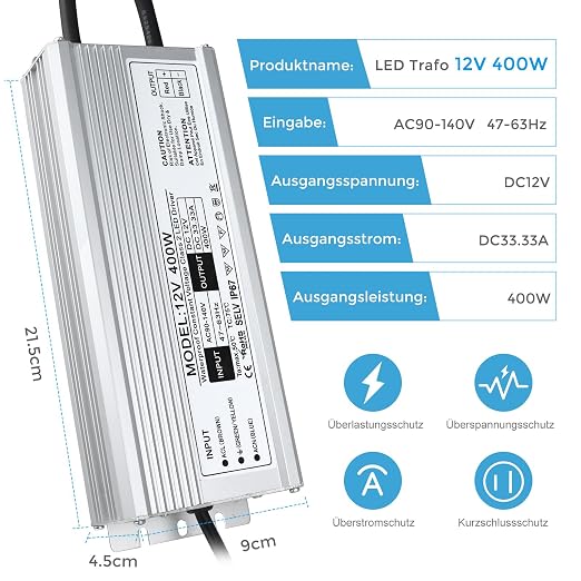 12V Waterproof LED Power Supply, 175–265V Input, 200W–500W, Single/Dual Wire Output, Aluminum Housing, Outdoor LED Driver, CE/RoHS/FCC — UK/EU Plug & Wire Leads Options