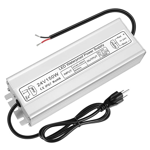 24V Waterproof LED Power Supply 30W–300W, 90–265V Input, Single/Dual Wire Output, Aluminum Housing, Outdoor LED Driver, CE/RoHS/FCC — US/UK/EU Plug & Wire Leads Options