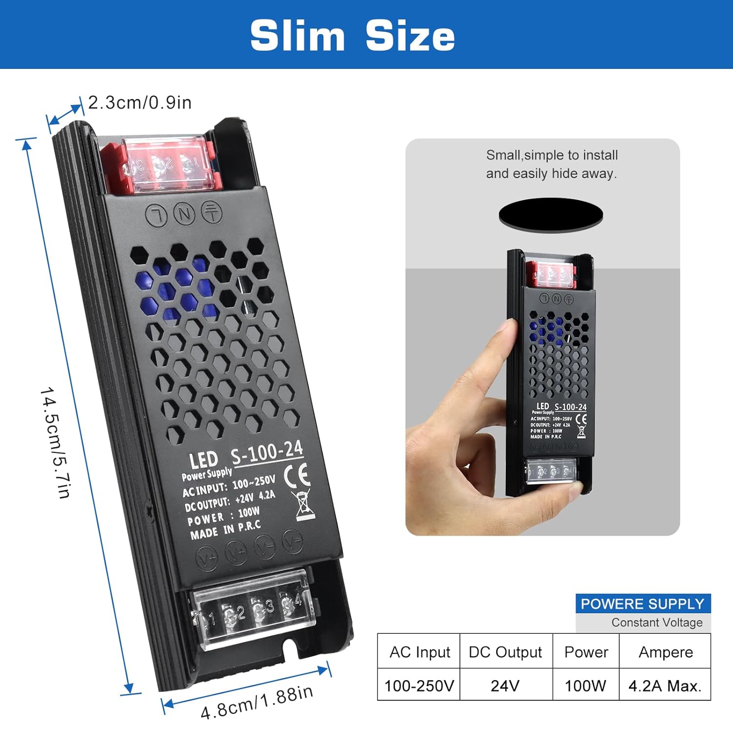 DC 12V/24V Slim Black Switching Power Supply 36W–200W, AC 110–250V Input, Narrow Type LED Transformer, Compact Metal Housing, CE/FCC/RoHS Certified