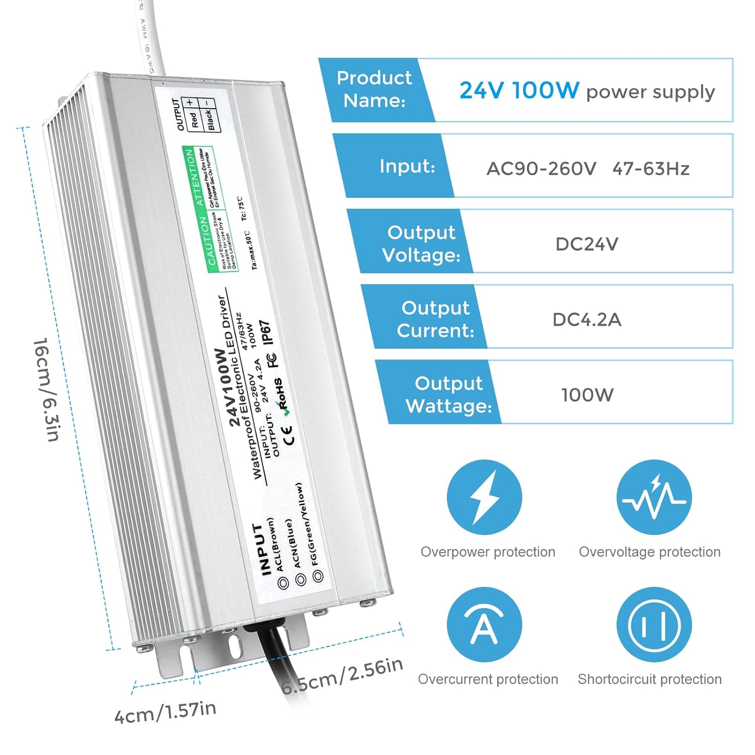 Alimentation LED étanche 24 V 30 W–300 W, entrée 90–265 V, sortie simple/double fil, pilote LED extérieur, CE/RoHS/FCC — Options de fiches et de câbles US/UK/EU