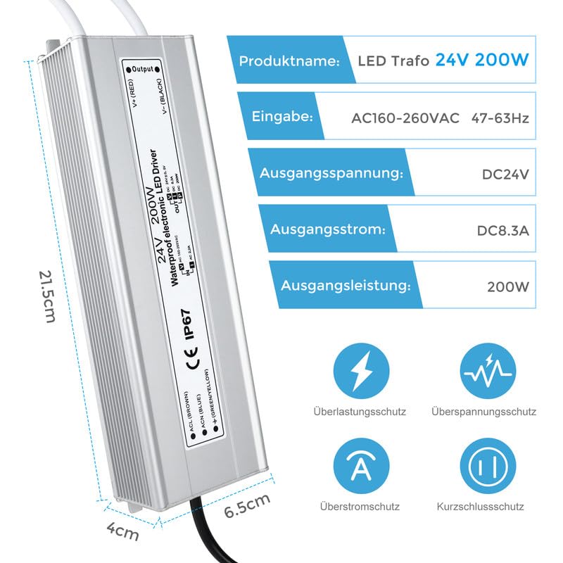 24V Waterproof LED Driver, 175–265V Input, 200W–500W, Single/Dual Wire Output, Outdoor Power Adapter, CE/RoHS/FCC — UK/EU Plug & Wire Leads Options