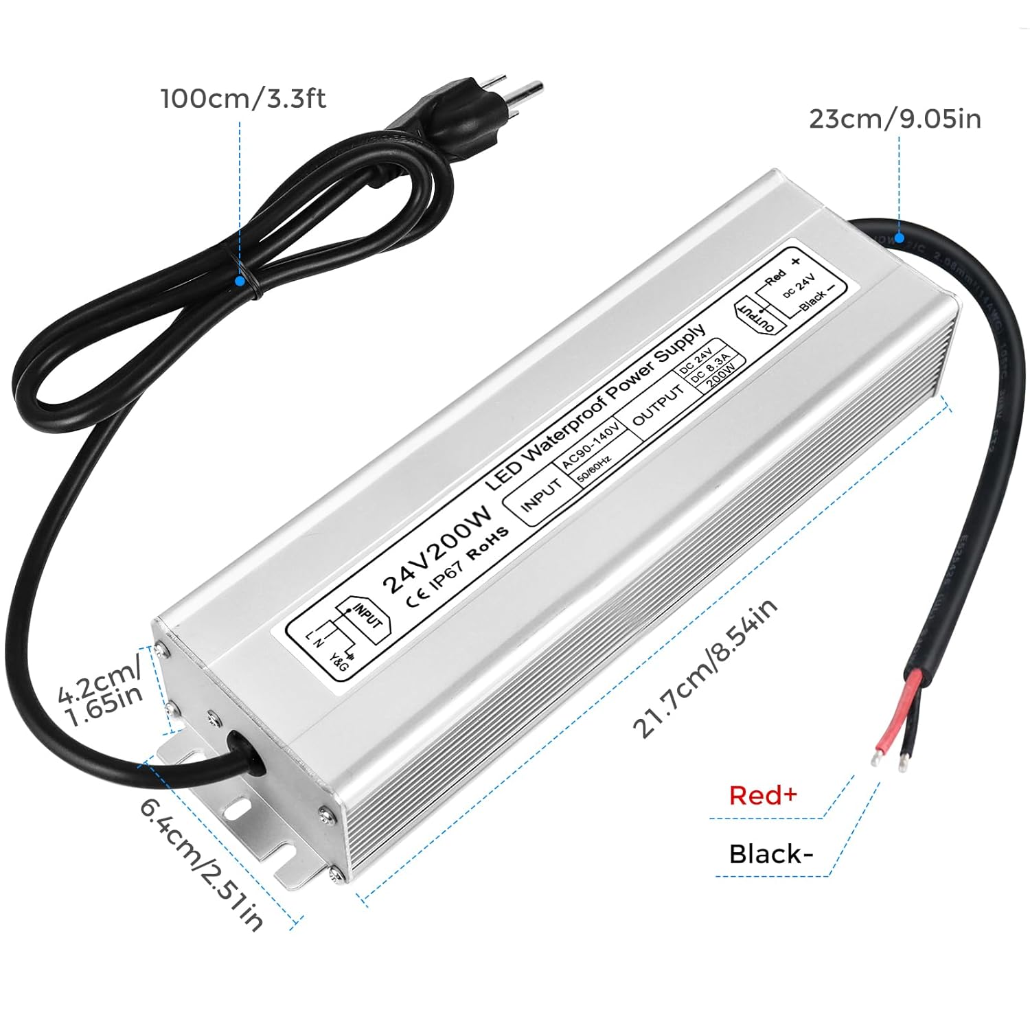 Wasserdichter 24-V-LED-Transformator, 90–140 V Eingang, 200 W–500 W, Einzel-/Doppelkabelausgang, CE/RoHS/FCC – US-Stecker und Kabel, Außenbeleuchtungsadapter