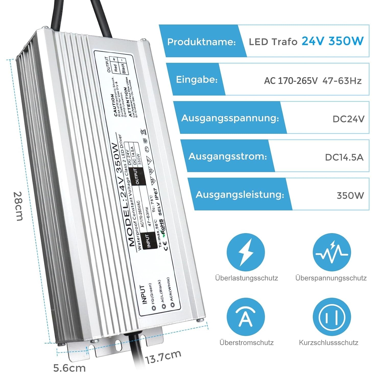 24V Waterproof LED Driver, 175–265V Input, 200W–500W, Single/Dual Wire Output, Outdoor Power Adapter, CE/RoHS/FCC — UK/EU Plug & Wire Leads Options