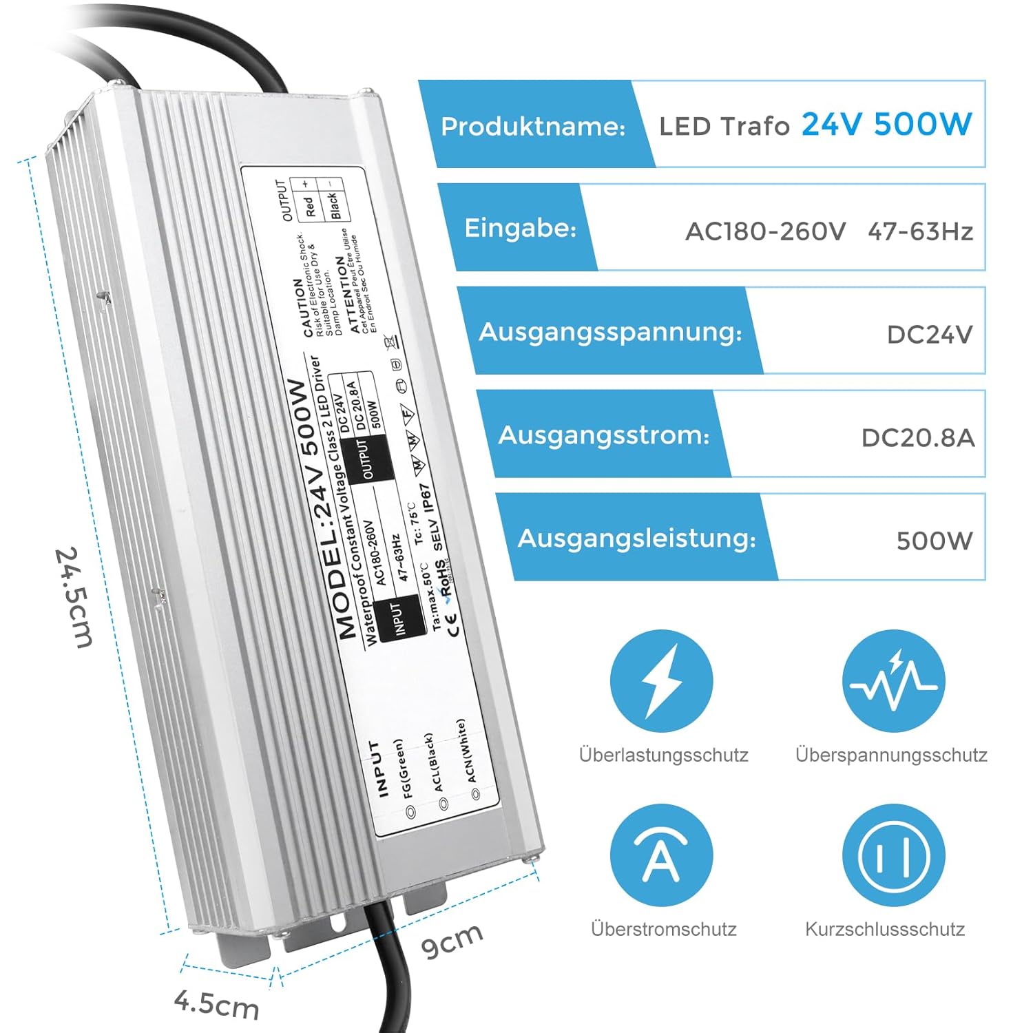 24V Waterproof LED Driver, 175–265V Input, 200W–500W, Single/Dual Wire Output, Outdoor Power Adapter, CE/RoHS/FCC — UK/EU Plug & Wire Leads Options