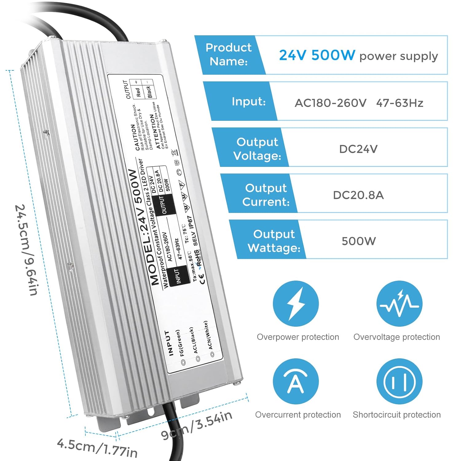 24V Waterproof LED Driver, 175–265V Input, 200W–500W, Single/Dual Wire Output, Outdoor Power Adapter, CE/RoHS/FCC — UK/EU Plug & Wire Leads Options