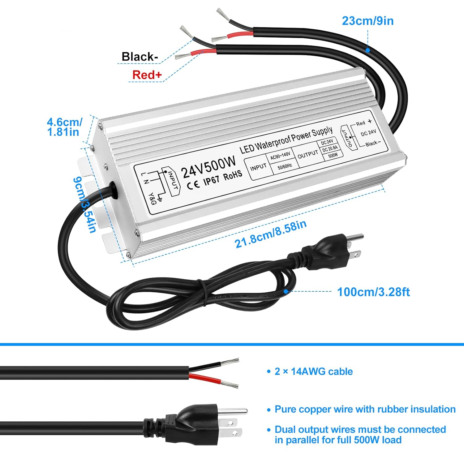 Wasserdichter 24-V-LED-Transformator, 90–140 V Eingang, 200 W–500 W, Einzel-/Doppelkabelausgang, CE/RoHS/FCC – US-Stecker und Kabel, Außenbeleuchtungsadapter