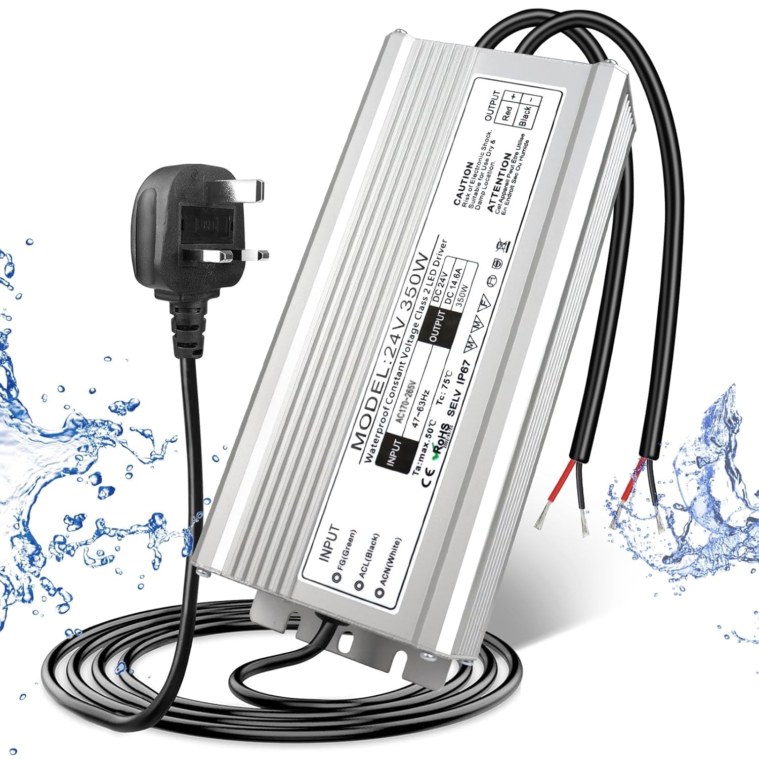 24V Waterproof LED Driver, 175–265V Input, 200W–500W, Single/Dual Wire Output, Outdoor Power Adapter, CE/RoHS/FCC — UK/EU Plug & Wire Leads Options