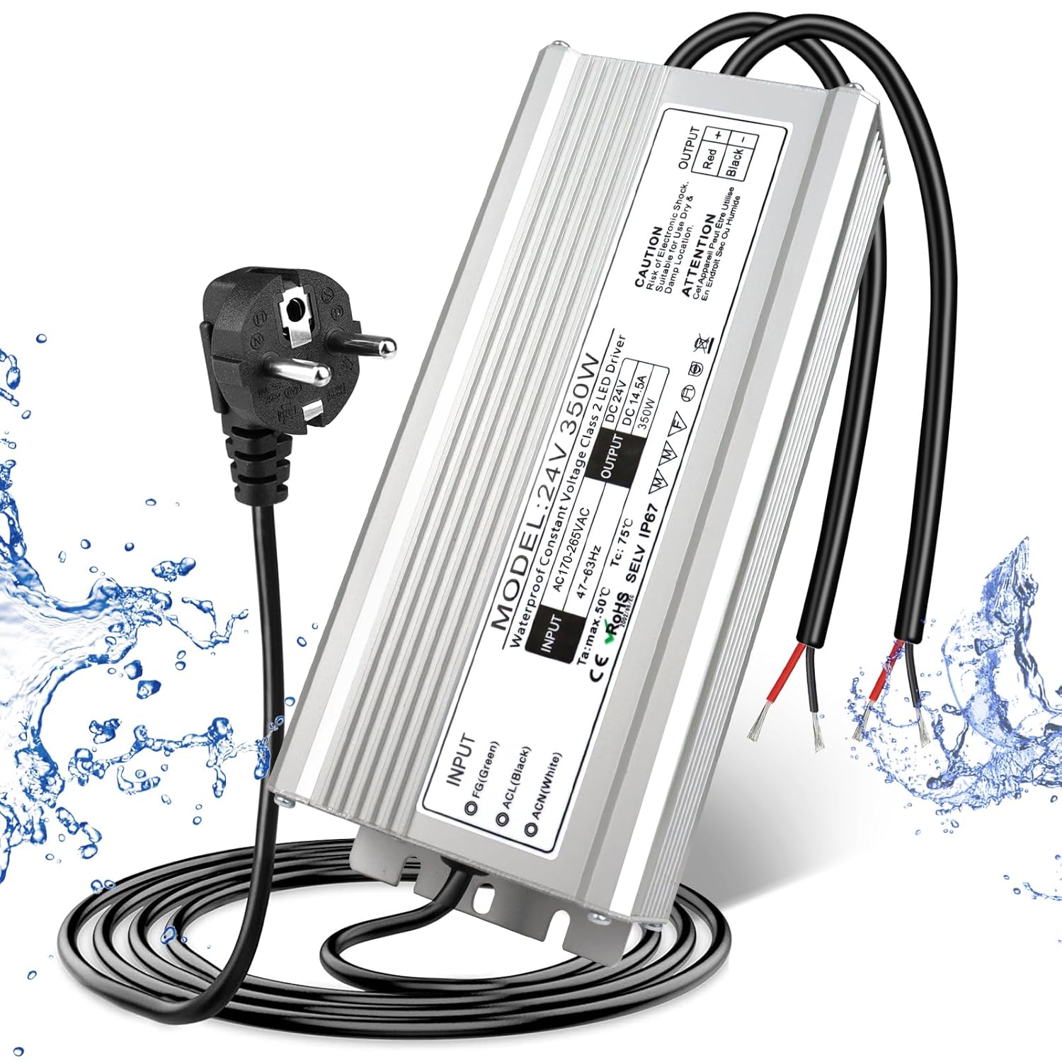 24V Waterproof LED Driver, 175–265V Input, 200W–500W, Single/Dual Wire Output, Outdoor Power Adapter, CE/RoHS/FCC — UK/EU Plug & Wire Leads Options