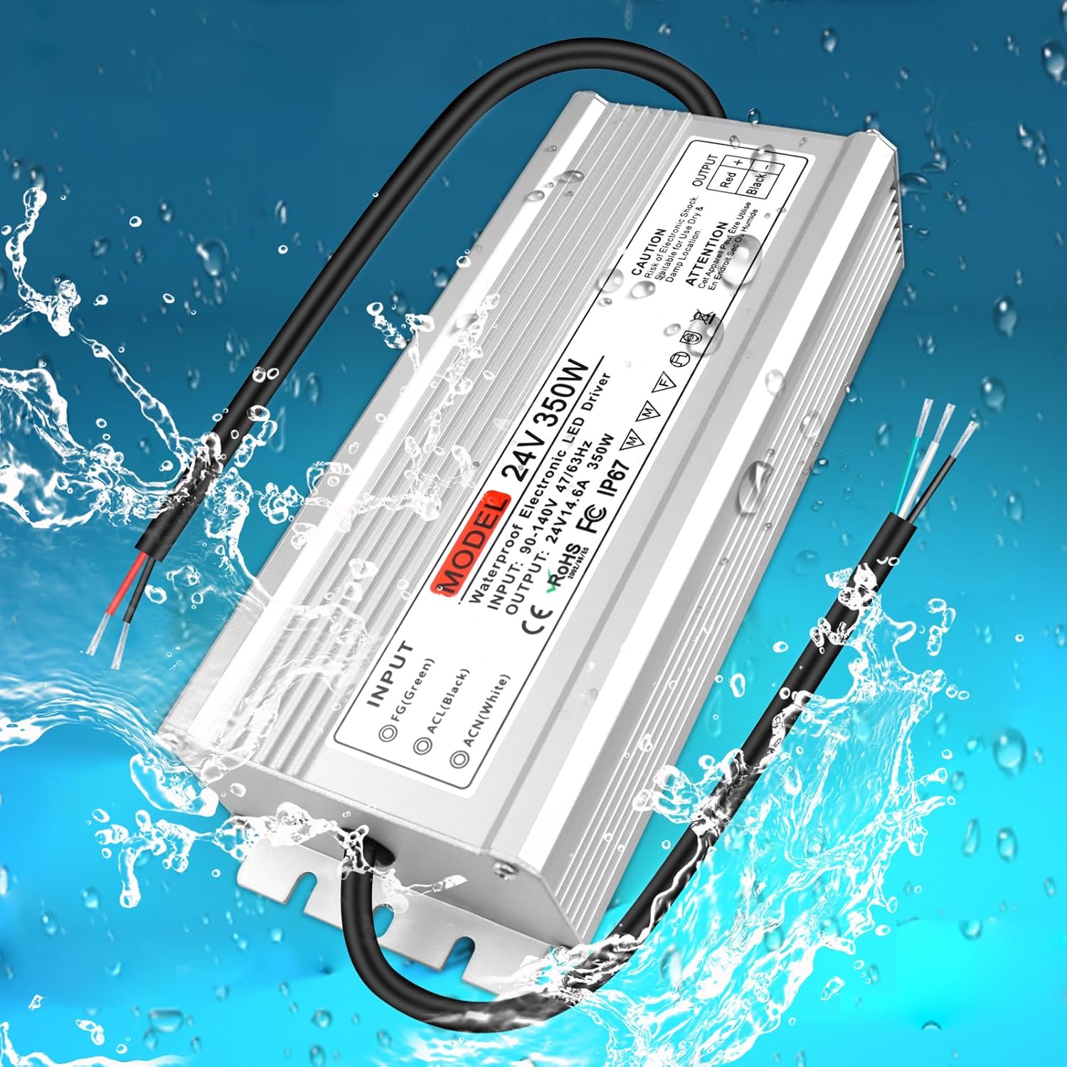Wasserdichter 24-V-LED-Transformator, 90–140 V Eingang, 200 W–500 W, Einzel-/Doppelkabelausgang, CE/RoHS/FCC – US-Stecker und Kabel, Außenbeleuchtungsadapter