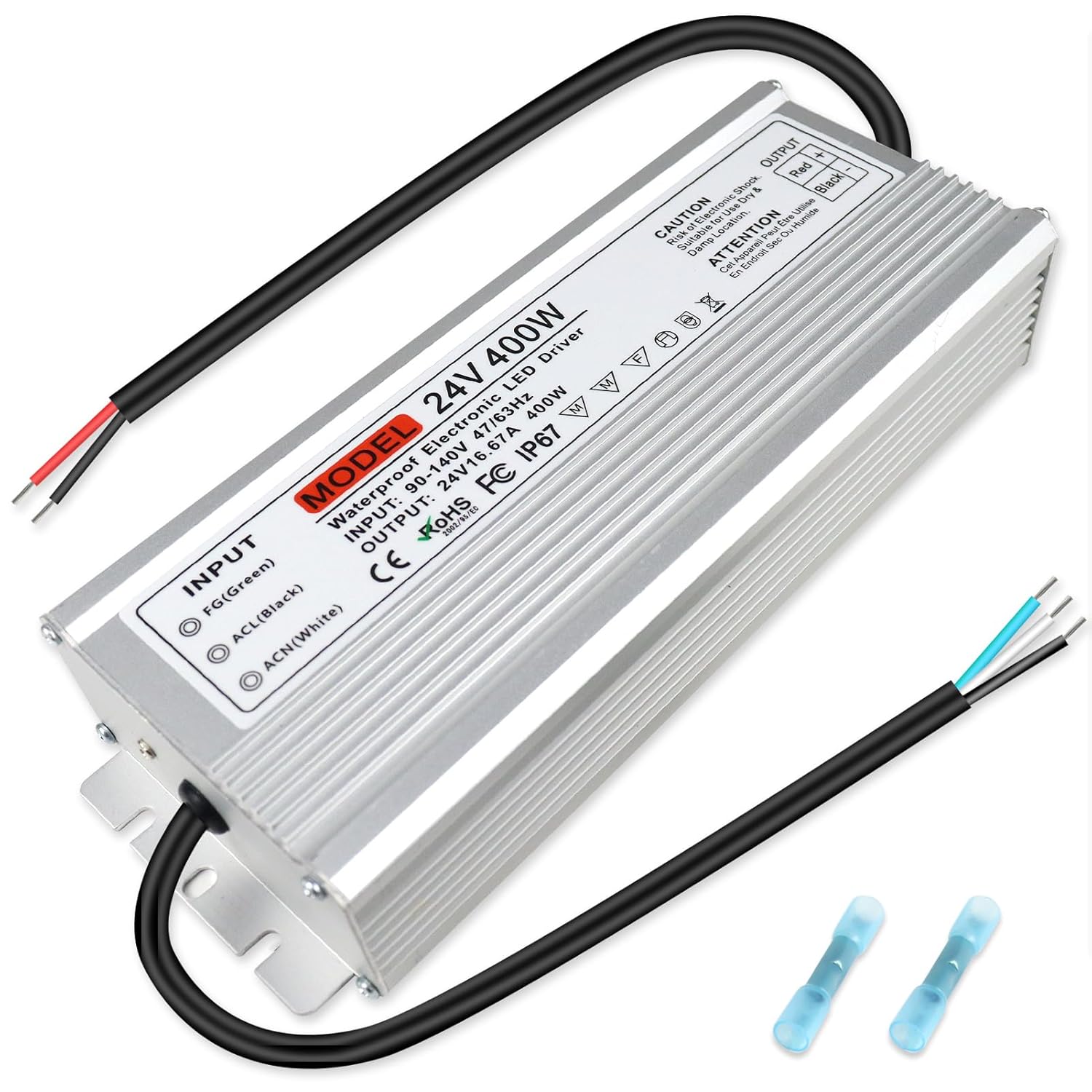 Wasserdichter 24-V-LED-Transformator, 90–140 V Eingang, 200 W–500 W, Einzel-/Doppelkabelausgang, CE/RoHS/FCC – US-Stecker und Kabel, Außenbeleuchtungsadapter