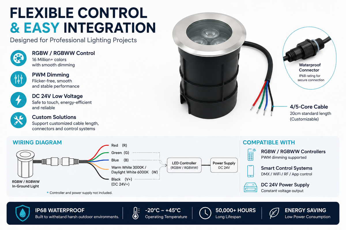 10-Pack RGBW/RGBWW IP68 LED In-Ground Lights – 24V 2W/3W/4W/6W Stainless Steel Recessed Deck & Landscape Lights