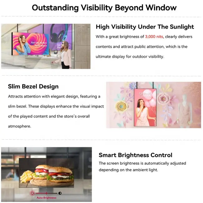 65" Double-Sided High Bright Window LCD Display, 2500nits Front + 700nits Back, Android 2+32G, Non-Touch, Cloud/APP/USB, Hanging/Floor Stand