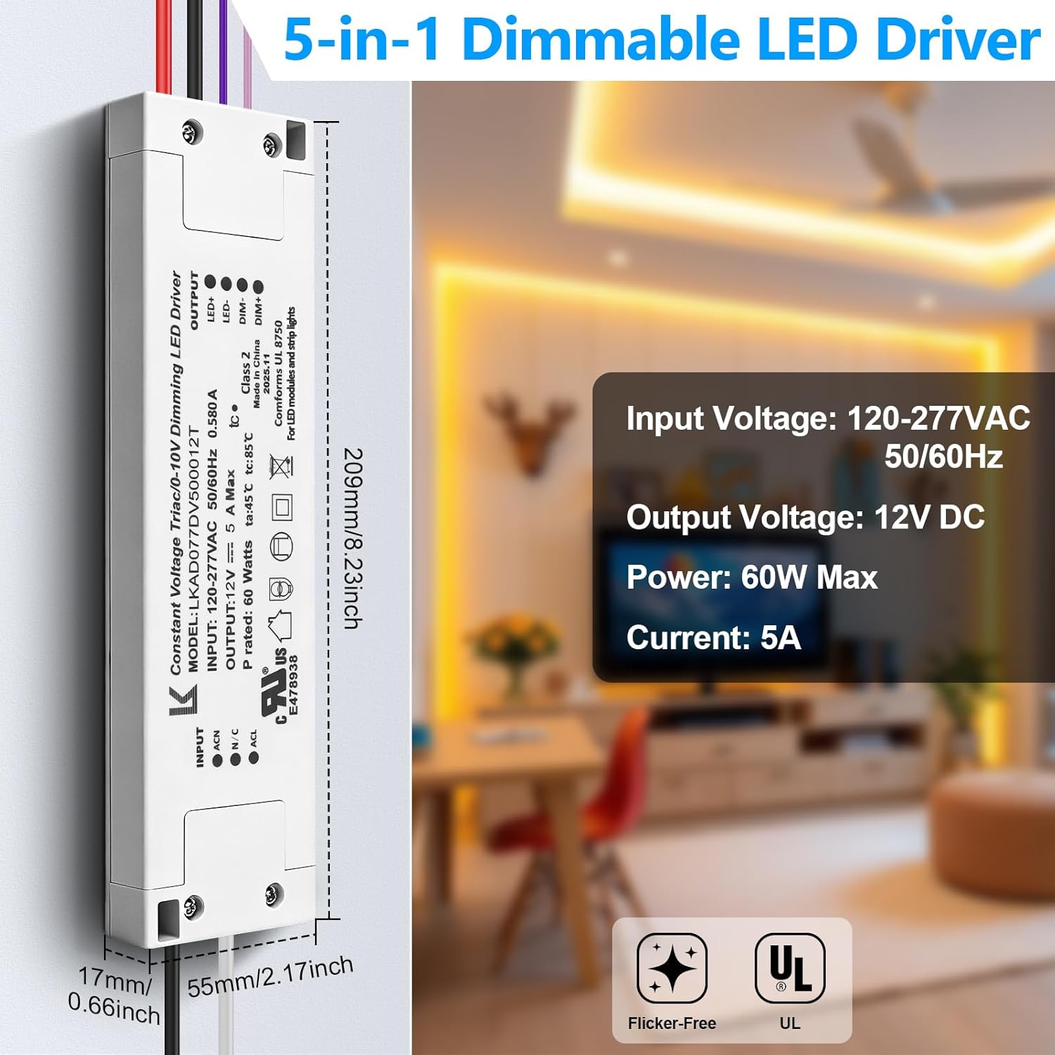 12V DC Plastic Case 5-in-1 Dimmable LED Power Supply, 60W, UL Listed, AC 120–277V Input, Waterproof Driver for Traic/ELV/0-10V/PWM/Resistive Control, 1/10-Pack